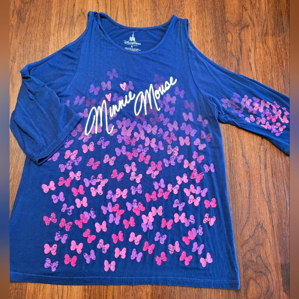Disney Minnie Mouse Women's Medium Blue Pink Colorful Cutout Shoulder Shirt Top